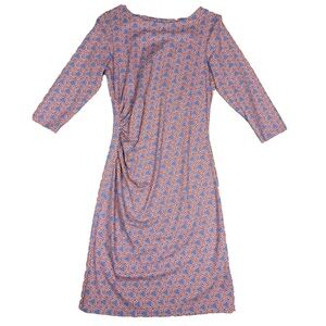 J. McLaughlin Ruched Sheath Dress Blue Orange Catalina Cloth 3/4 Sleeves Size XS